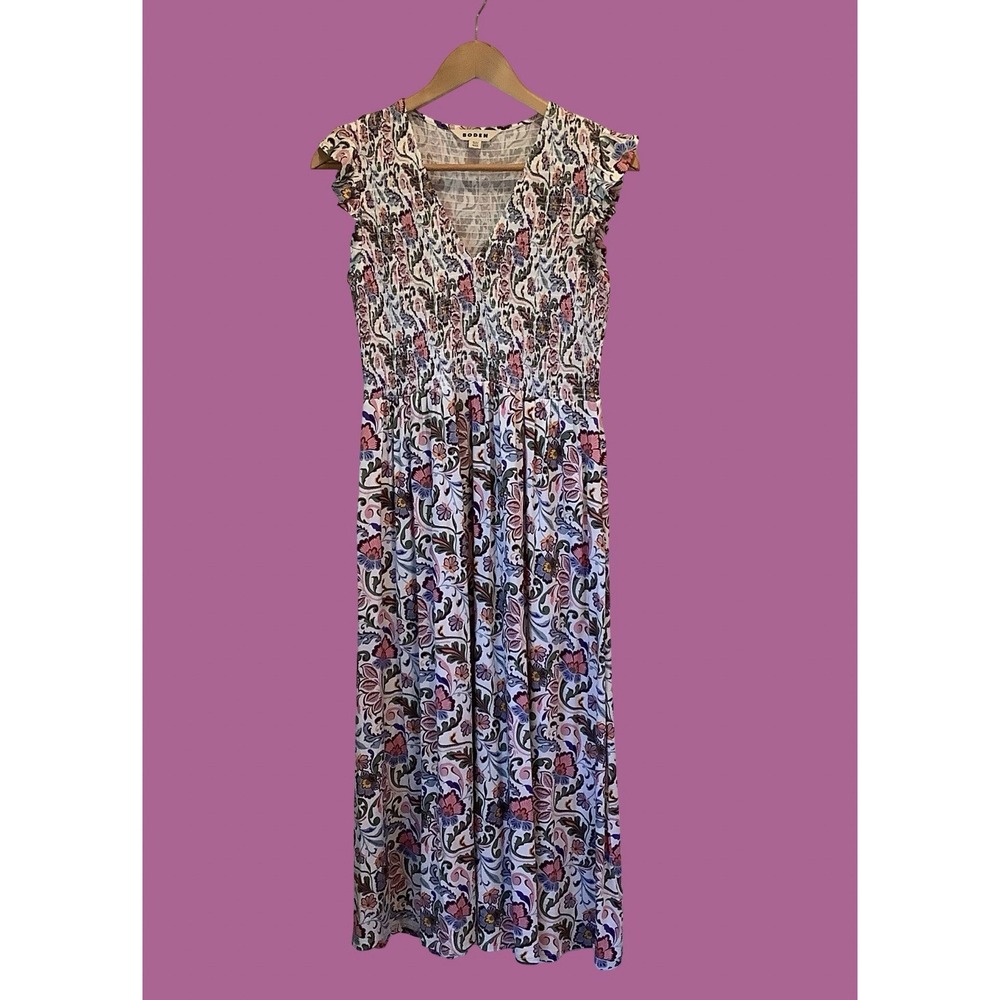 Boden Women's Sz 8 Floral Print Midi Dress Stretch Jersey Flutter Sleeve Summer